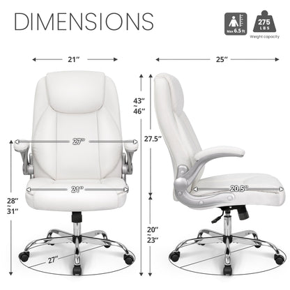 NEO CHAIR Ergonomic Office Desk Gaming Computer Chair Executive High Back Support Flip-up Arms Adjustable Height Swivel Rolling Wheels Comfy PU Leather for Home (White)