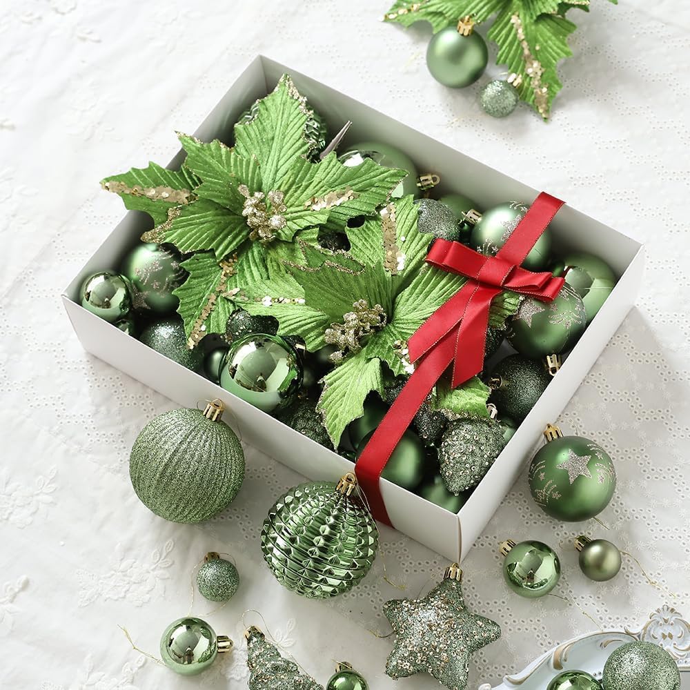 Christmas Ornaments Set, 48ct Green Shatterproof Christmas Tree Decorations Ball Large Glitter Christmas Flowers Hanging Ornament，for Xmas Trees Decor Indoor Home Holiday Party