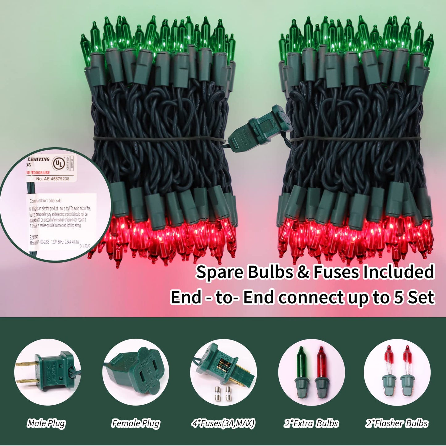 LAMPHOME Super-Bright Extendable Christmas Lights Decoration 100 Lights 19.6ft UL Certified Mini Bulb String Lights for Outdoor Christmas Tree Garden Party Patio Garland Decor (Red+Green)