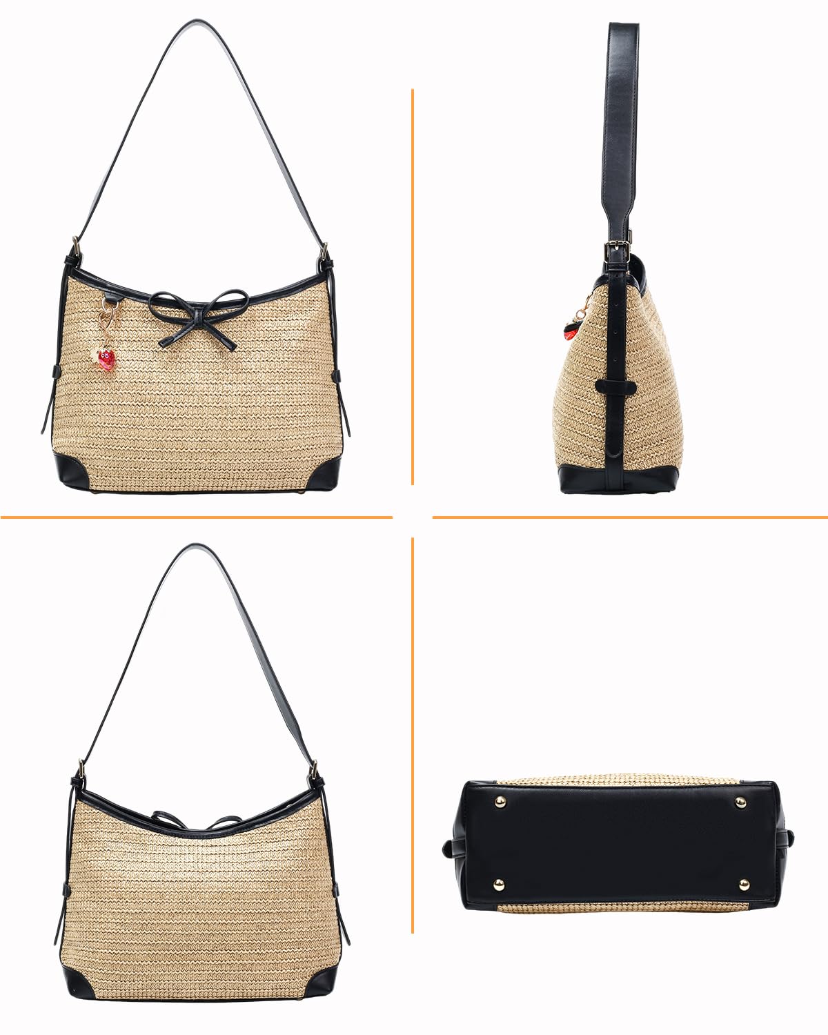 Herald Straw Woven Purse for Women, Summer Beach Hobo Raffia Crossbody Bag Shoulder Handbag Tote with Adjustable Strap (Black)