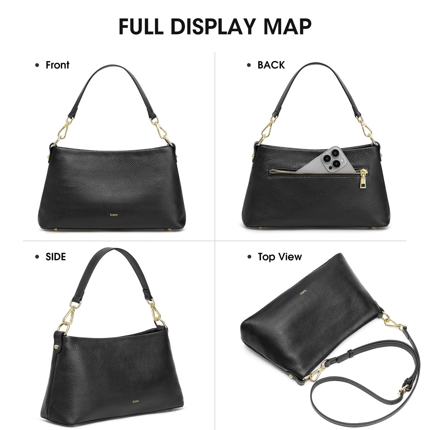 Kattee Genuine Leather Crossbody Bags for Women 2026 Trendy, Small Tote Purses Shoulder Handbags with 2 Removable Straps, Black