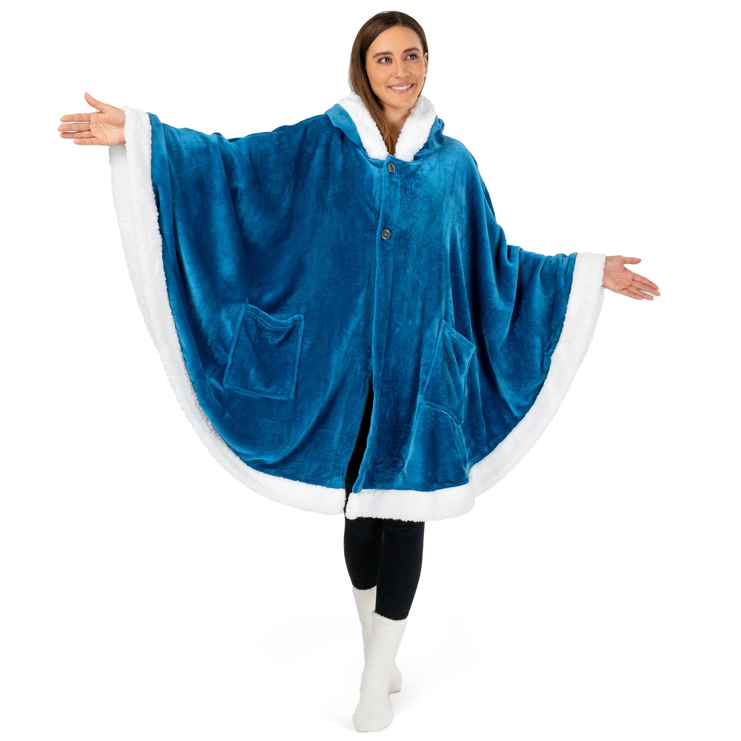 PAVILIA Hooded Blanket Poncho, Women Sherpa Fleece Shawl Wrap with Hood, Wearable Blanket Cozy Warm Poncho Cape Throw with Pockets, Gift for Elderly Mom, Turquoise Sea Blue