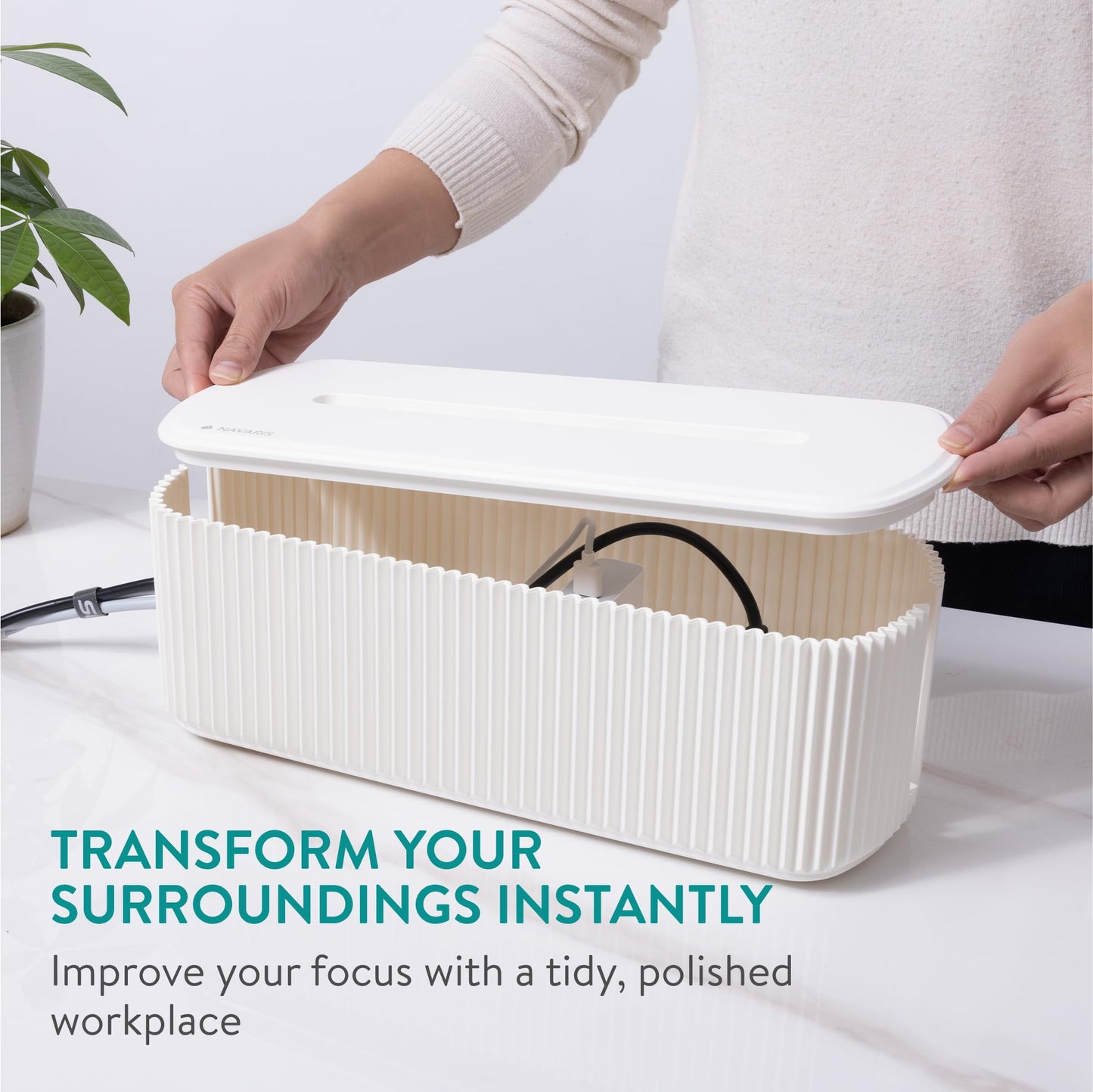 Navaris Ribbed Cord Boxes - Stylish Cable Management Box - Cord Wire Organizer to Hide Cords - Power Strip Hider Storage Box - for Desk Desktop & TV Cable Management - Set of 2