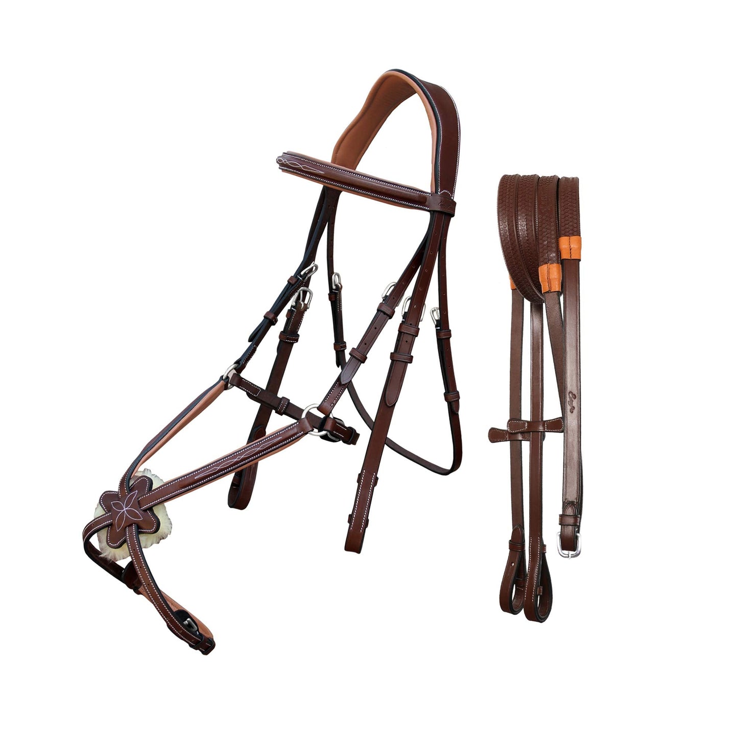 ExionPro Comfortable Broad Free Ear Anatomic Shape Mono Crown Piece Fancy Stitched Figure 8 Padded Noseband English Bridle & Rubber Reins (Oak Brown, Vegetable Tanned Leather - Cob Size)