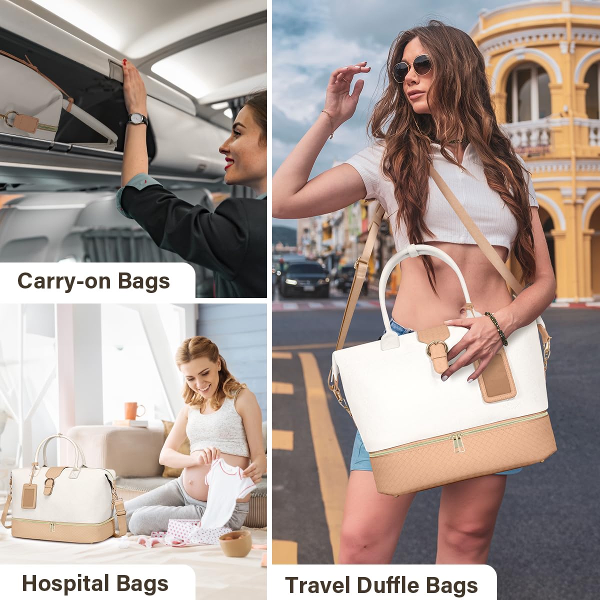 Large Leather Weekender Bags for Women, Travel Duffel Bag PU Overnight Bag Carry On Tote Bag with Shoe Compartment Wet Pocket and Toiletry Bag for Travel Business Women Men