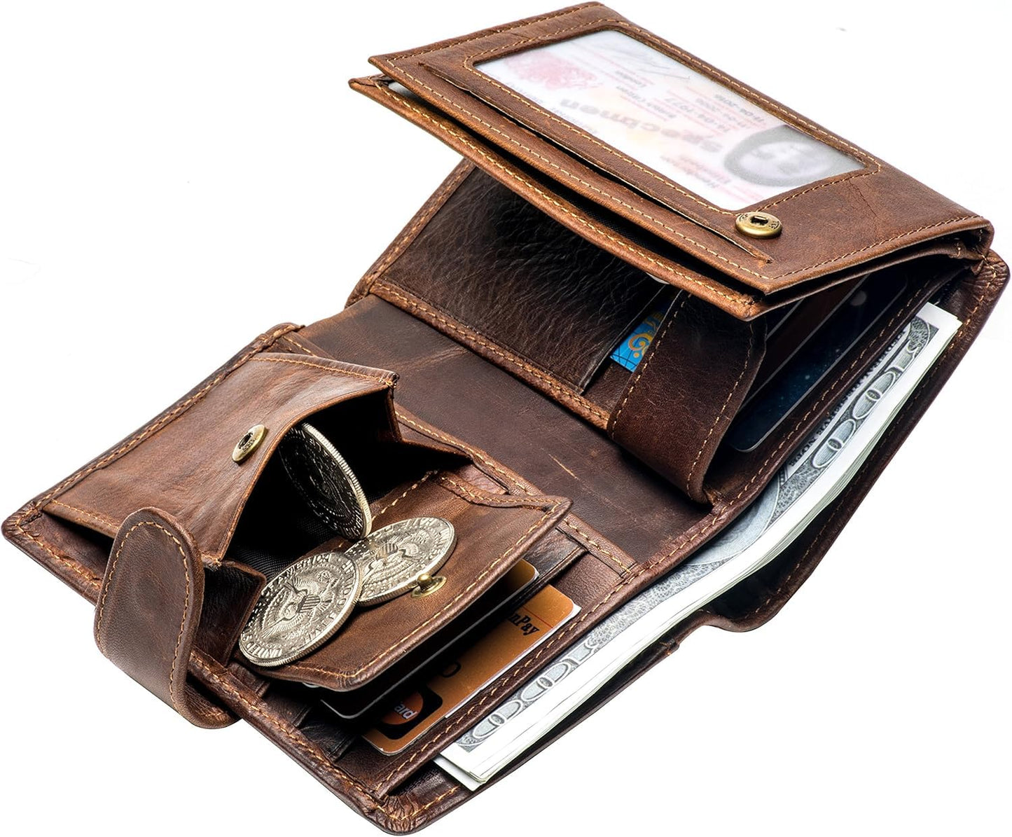 Plinvo Mens Large RFID Blocking Genuine Leather Wallet Trifold Card Holder with Snap Closure and 3 ID Windows (Coffee)