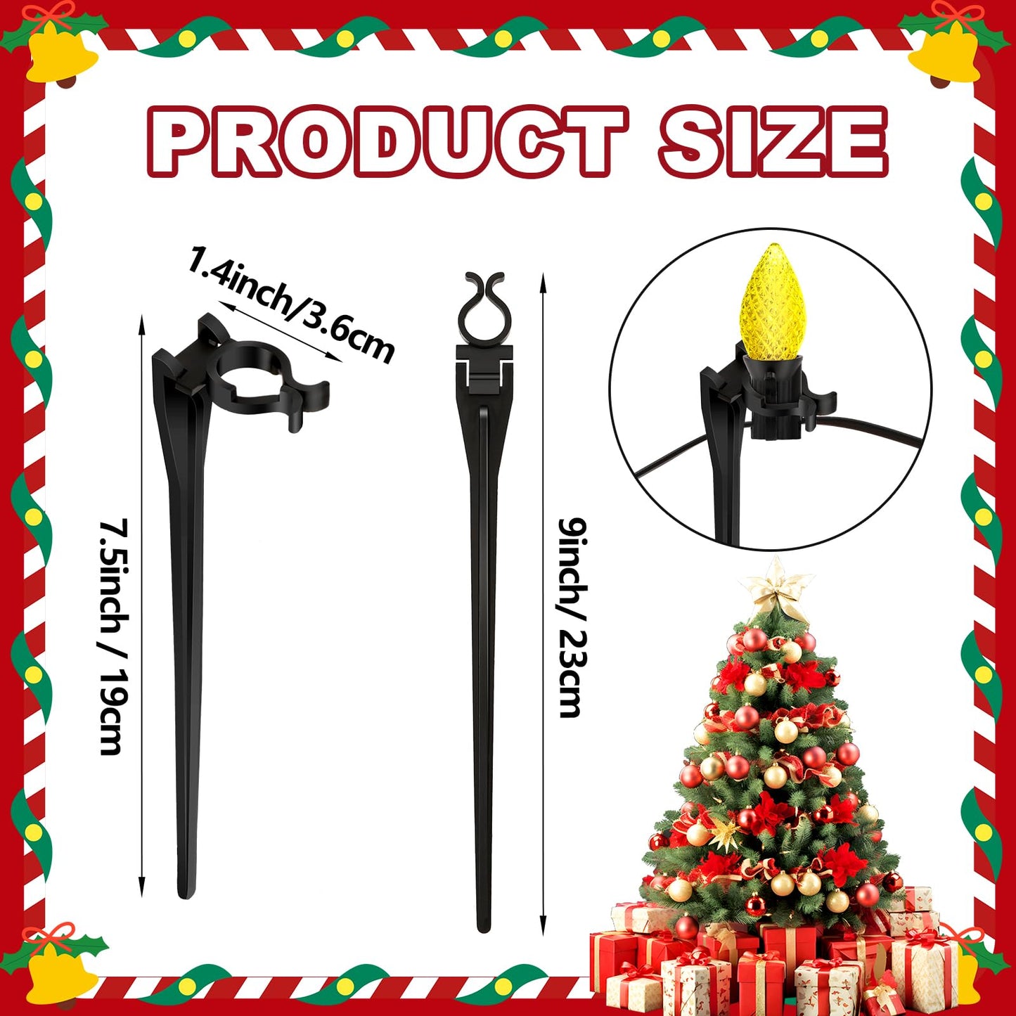 Augshy 100 Pack Christmas Light Stakes, 7.5 inch Yard Lawn Holiday Light Ground Stakes for C7 C9 Outside String Lights Universal Outdoor Light Holders for Christmas Decoration Garden Lawn Path Black
