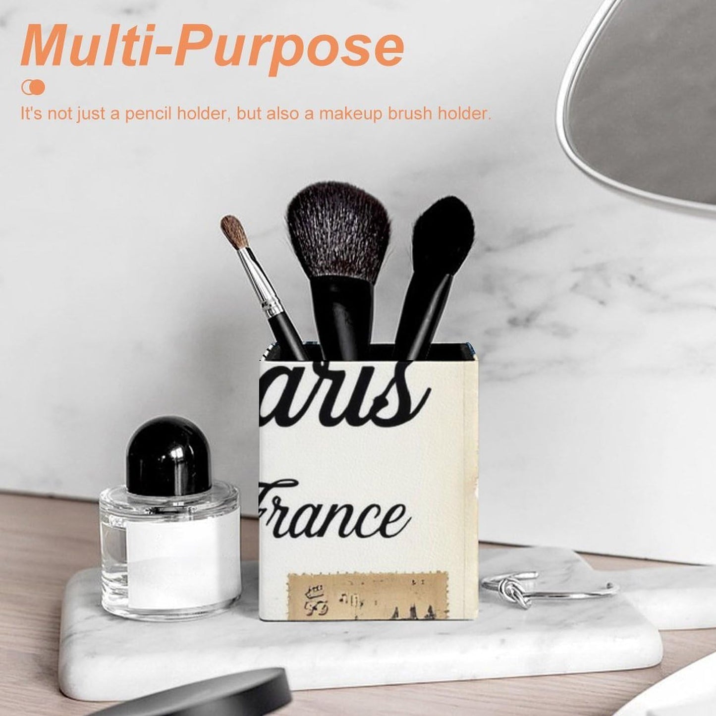 UTRSIFB Holder Cup Makeup Brush Storage Organizer, Waterproof Multifunctional Office Supplies, Pen Holder Square Leather Pencil Eiffel Tower