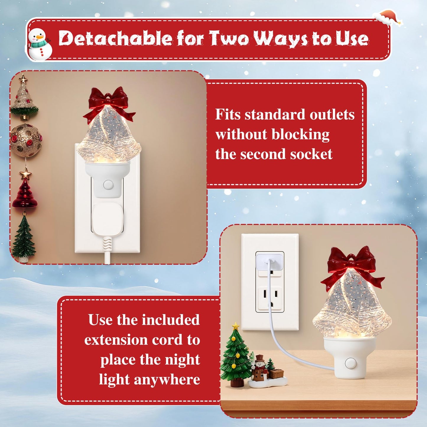 Christmas Bell Night Light Plug into Wall Glitter Water Nightlight with USB/Outlet Options, Christmas Decorative Nightlight for Bedroom Kitchen Nursery Hallway Holiday Decorations Gifts (Bell)