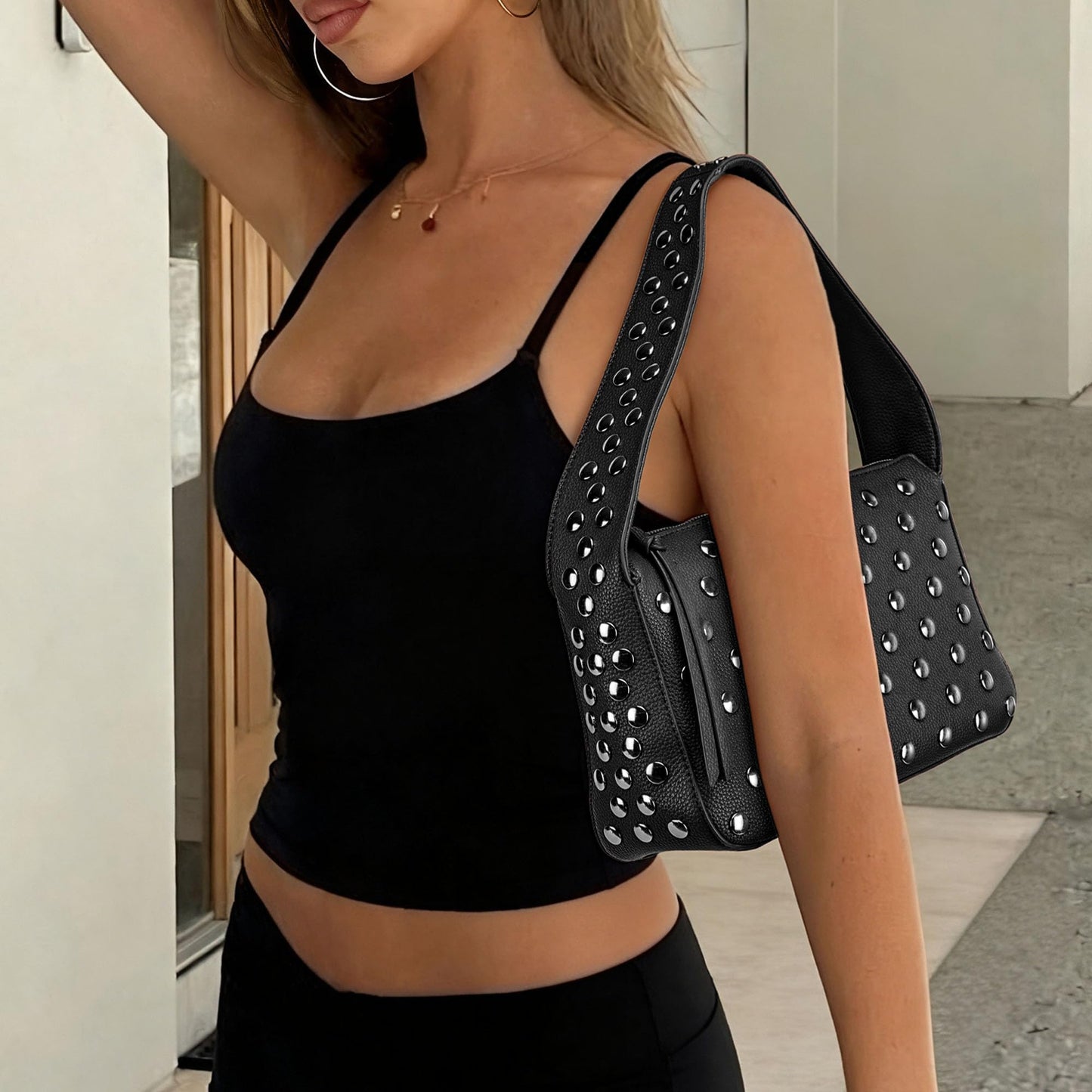 Kiss Sea Studded Handbag for Women Studded Leather Purse Trendy Shoulder Bag for Daily & Party Use Black
