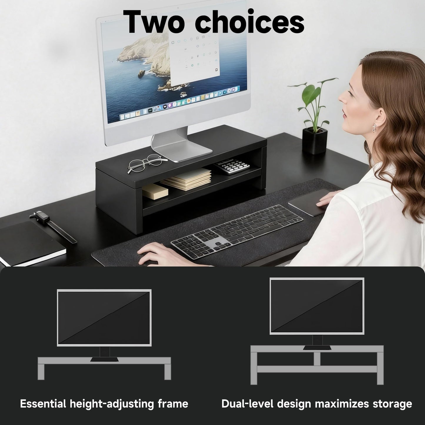 vie poetique Wooden Monitor Stand Riser, 2-Tier Desk Shelf with Storage Organizer, Ergonomic Computer Stand, Storage Organizer for Laptop, Computer, Black, 15.7 Inch