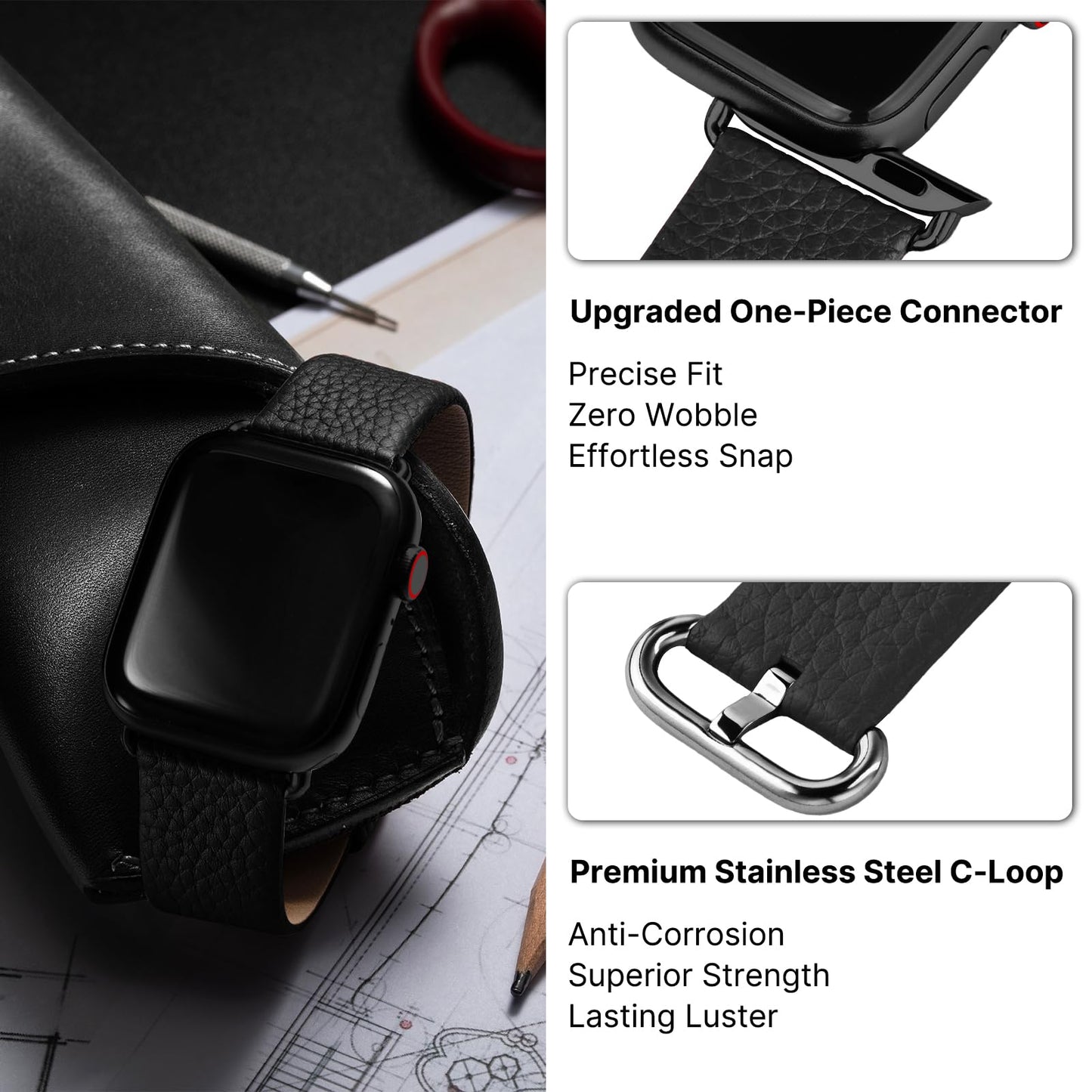 Fullmosa Leather Bands Compatible with Apple Watch Band 41mm 40mm 38mm 42mm 44mm 45mm 46mm 49mm Women Men for iWatch Series 11/10/9/8/7/6/5/4/3/2/1,Ultra3/2/1,SE3/2/1, 42mm 41mm 40mm 38mm, Black/Silver