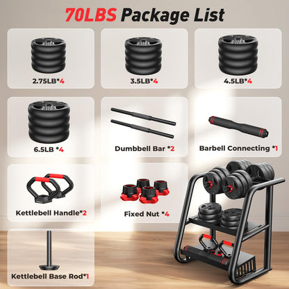 Adjustable dumbbell set,20/35/45/55/70/90lbs Free Weights set with upgraded nut, 5 in 1 Weight Set Used as Kettlebells, Barbell, Push up Stand, Fitness Exercise for Home Gym Suitable Men/Women