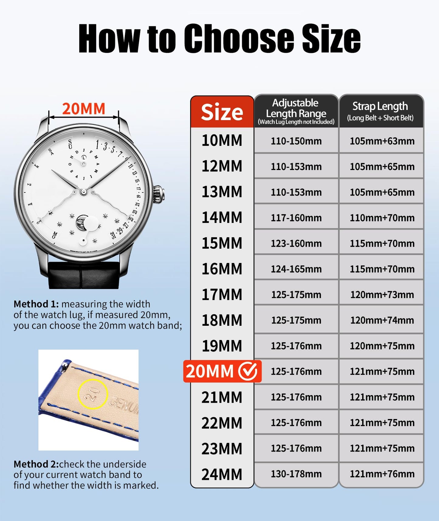 BINLUN Quick Release Genuine Leather Watch Band 10 Colors 13 Sizes for Men Women