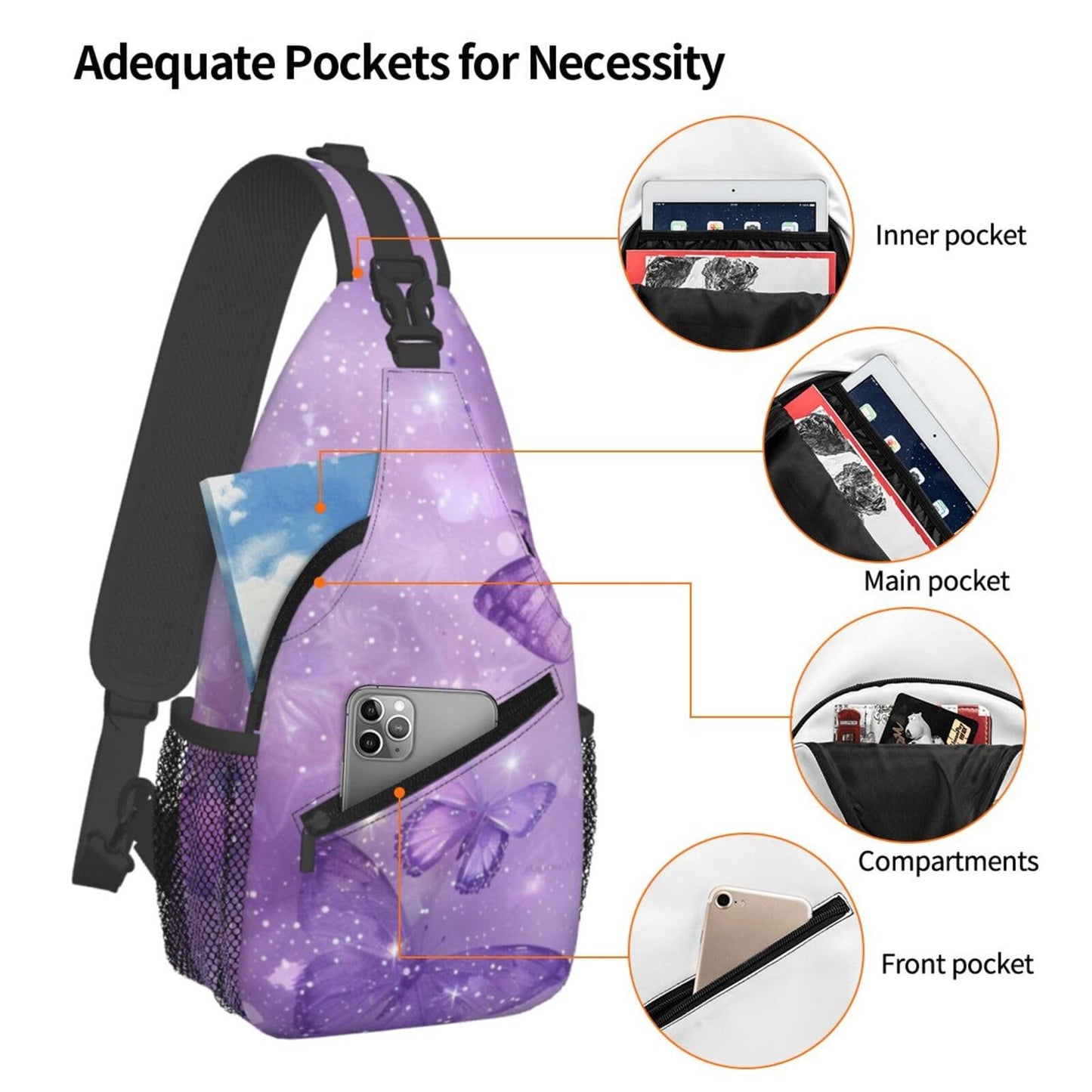 SUPLUCHOM Sling Bag Butterfly Purple Pastel Hiking Daypack Crossbody Shoulder Backpack Travel Chest Pack for Men Women