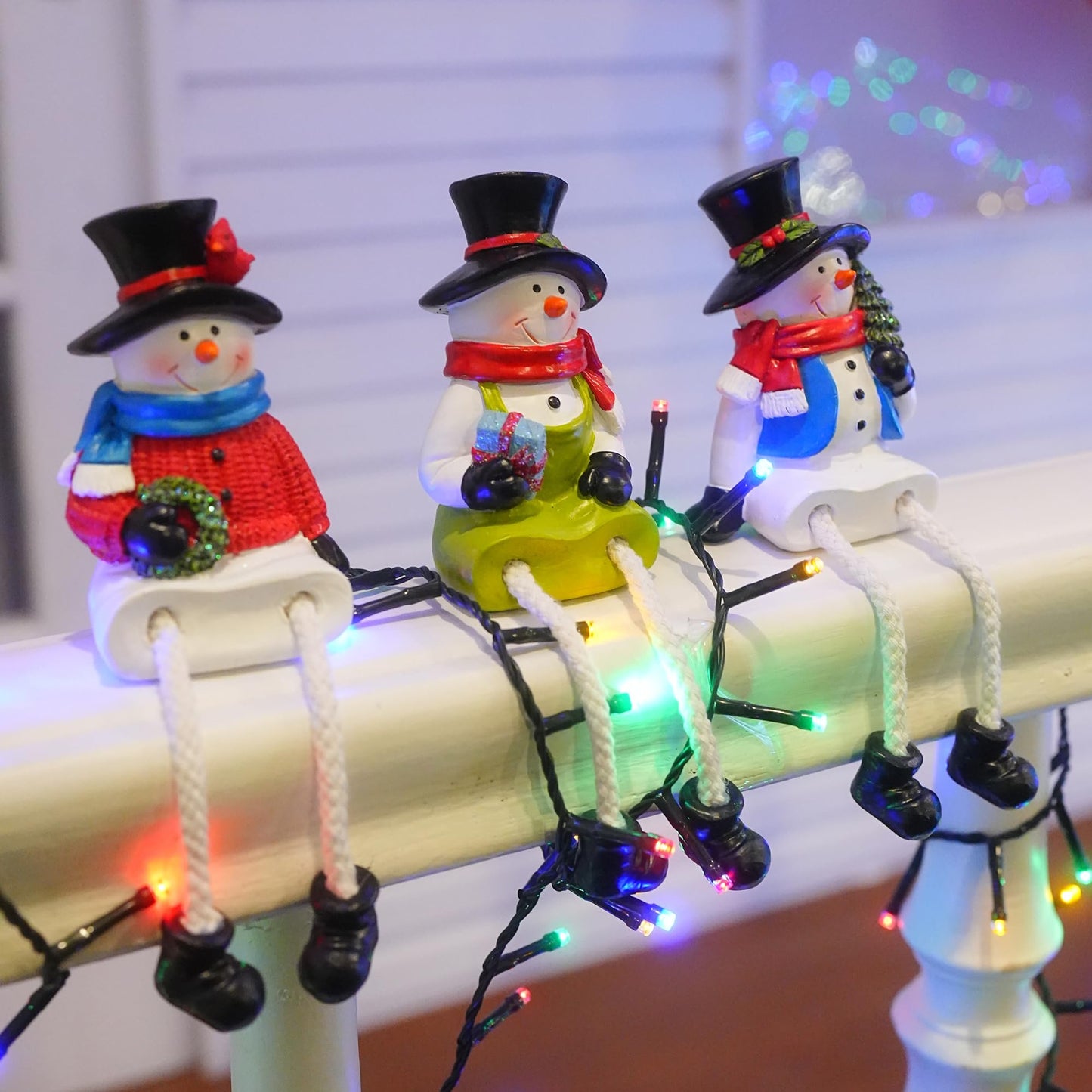 Dazzle Bright Christmas Figurines, Set of 3 Resin Santa Snowman Sitters with Dangling Legs, Xmas Table Fireplace Shelf Sitters Decorations Sitting Figurines Ornament for Indoor Home Decor