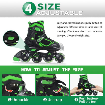 MammyGol Adjustable Inline Skates for Boys Girls Kids Youth with Light up Wheels, Green Beginner Blades Roller Skates for Boys Size 5 6 7 8 Ages 6-12