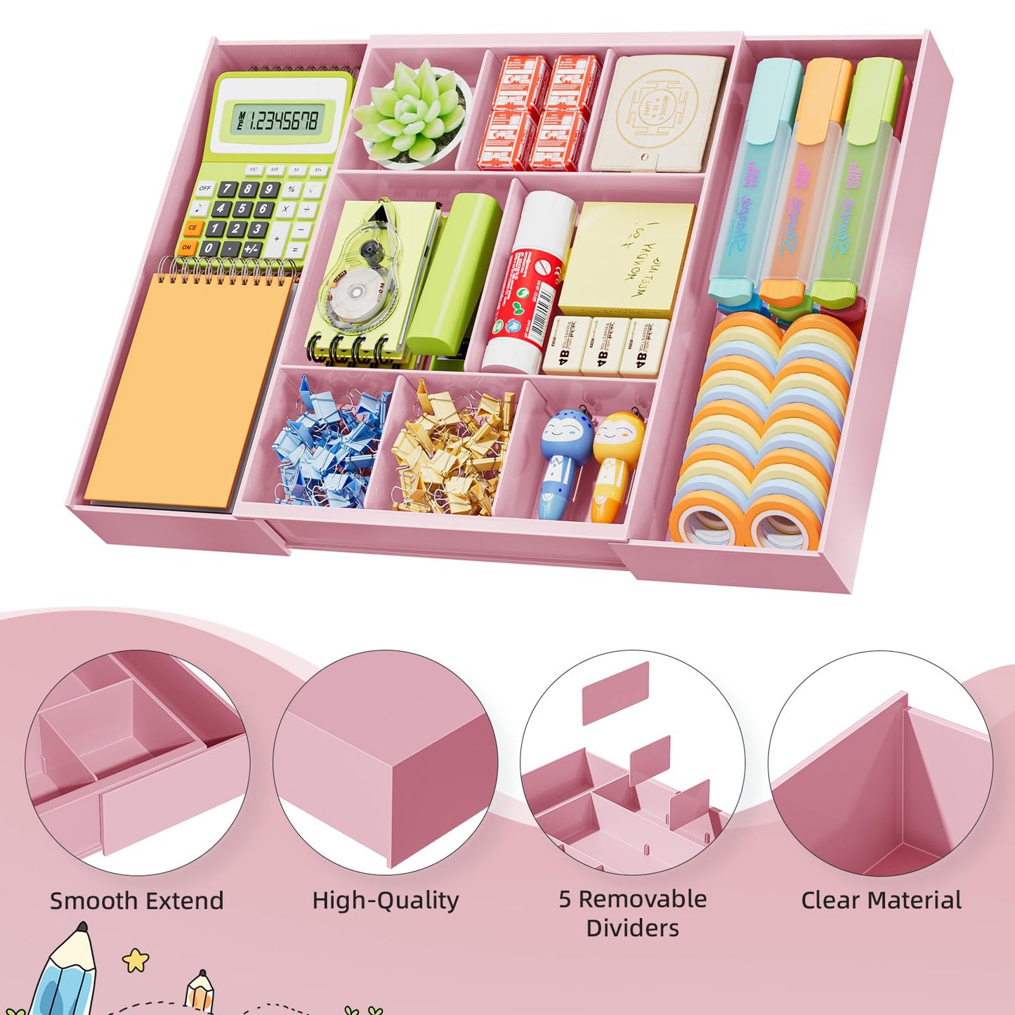 Marbrasse Expandable Desk Drawer Organizer, Clear Plastic Drawer Organizer Tray with 10 Adjustable Compartments, Desk Organizers and Accessories, 5 Drawer Dividers for Office Supplies, Makeup (Pink)