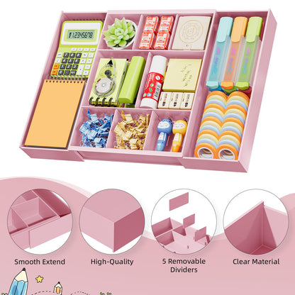 Marbrasse Expandable Desk Drawer Organizer, Clear Plastic Drawer Organizer Tray with 10 Adjustable Compartments, Desk Organizers and Accessories, 5 Drawer Dividers for Office Supplies, Makeup (Pink)