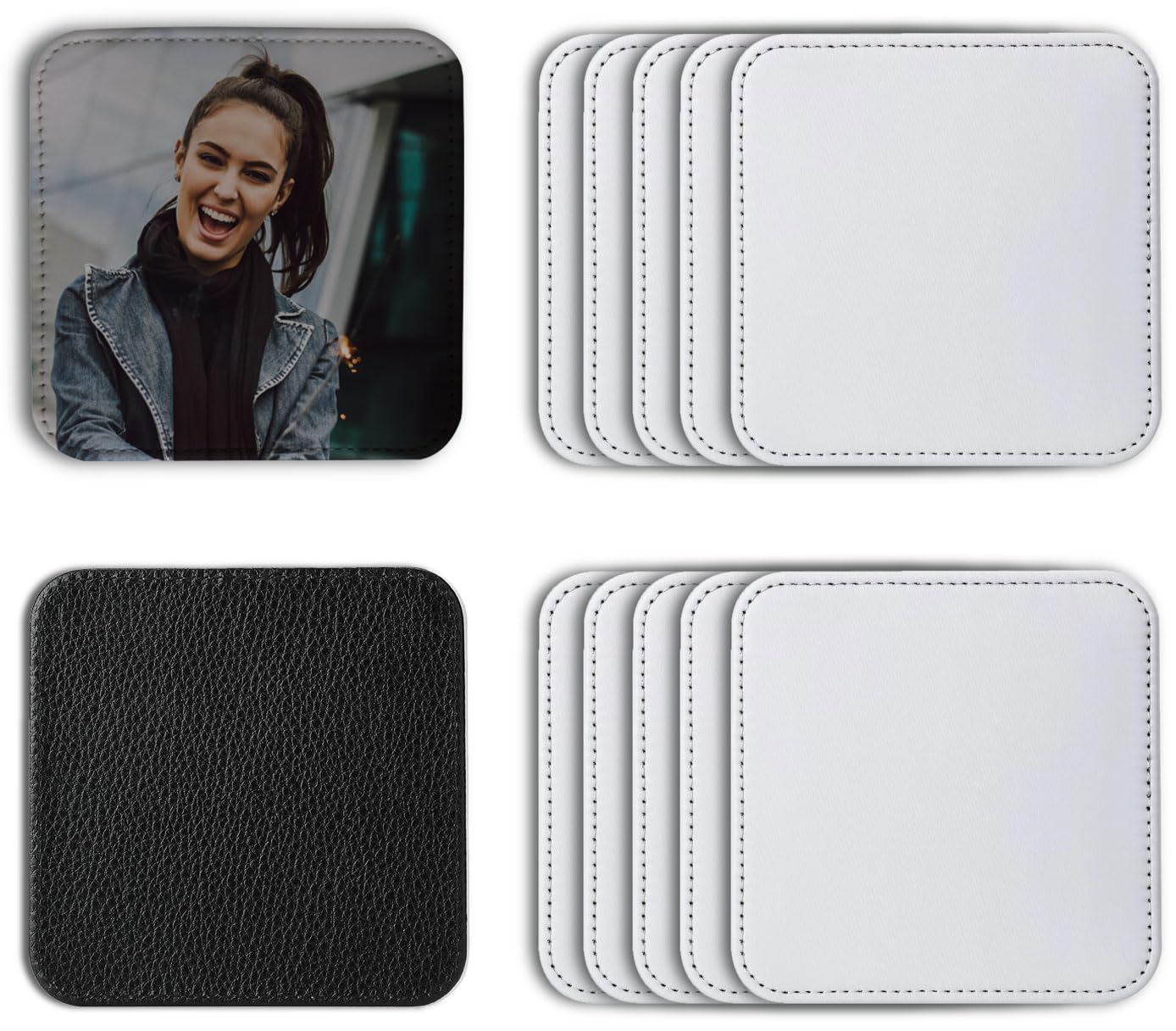 10 Pcs Leather Sublimation Coasters Blanks Bulk with Sewn Edge, 4x4 Inch Thin Sublimation Blank Cup Mat Heat Transfer Press DIY Crafts (Square (10 pcs 4x4 Inch))