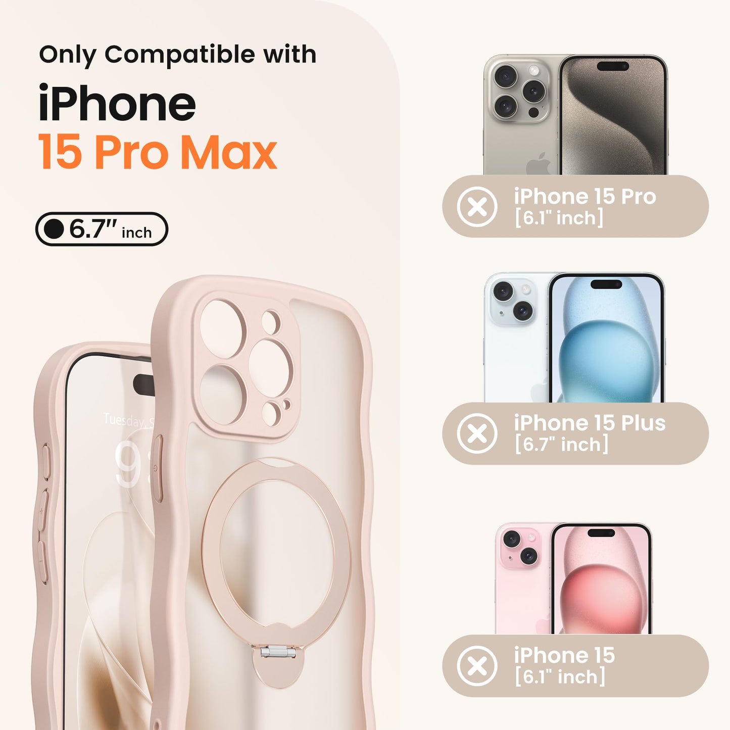 CAPRARO for iPhone 15 Pro Max Case with 360° Spin Magnetic Stand for Women, [Compatible with MagSafe] [Full Camera Protection] Cute Wave Translucent Matte Case for iPhone 15 Pro Max, Rose Gold