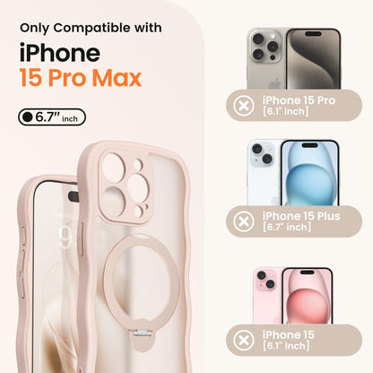 CAPRARO for iPhone 15 Pro Max Case with 360° Spin Magnetic Stand for Women, [Compatible with MagSafe] [Full Camera Protection] Cute Wave Translucent Matte Case for iPhone 15 Pro Max, Rose Gold