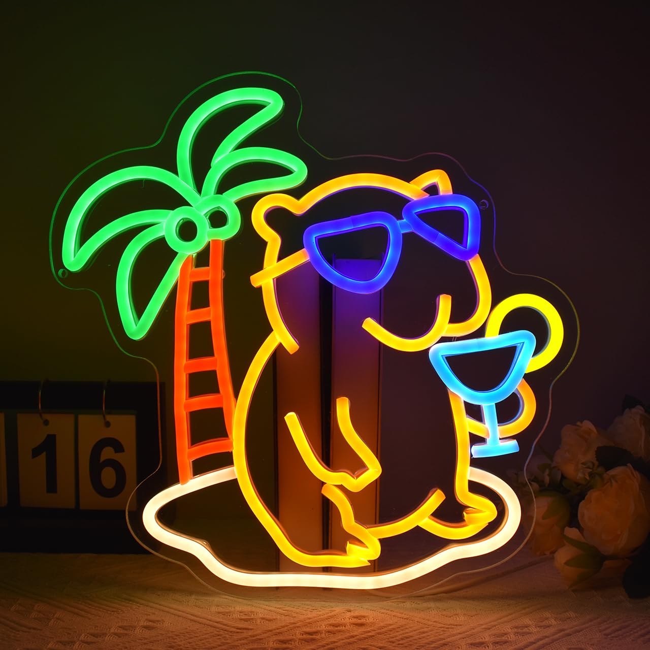 GYCLFNDDONG Beach Capybara Neon Sign Cocktails Ber Neon Sign for Wall Decor, Dimmable LED Beer Light Sign with USB Power for Bedroom Pub Bar Shop Party Man Cave Gift Decor