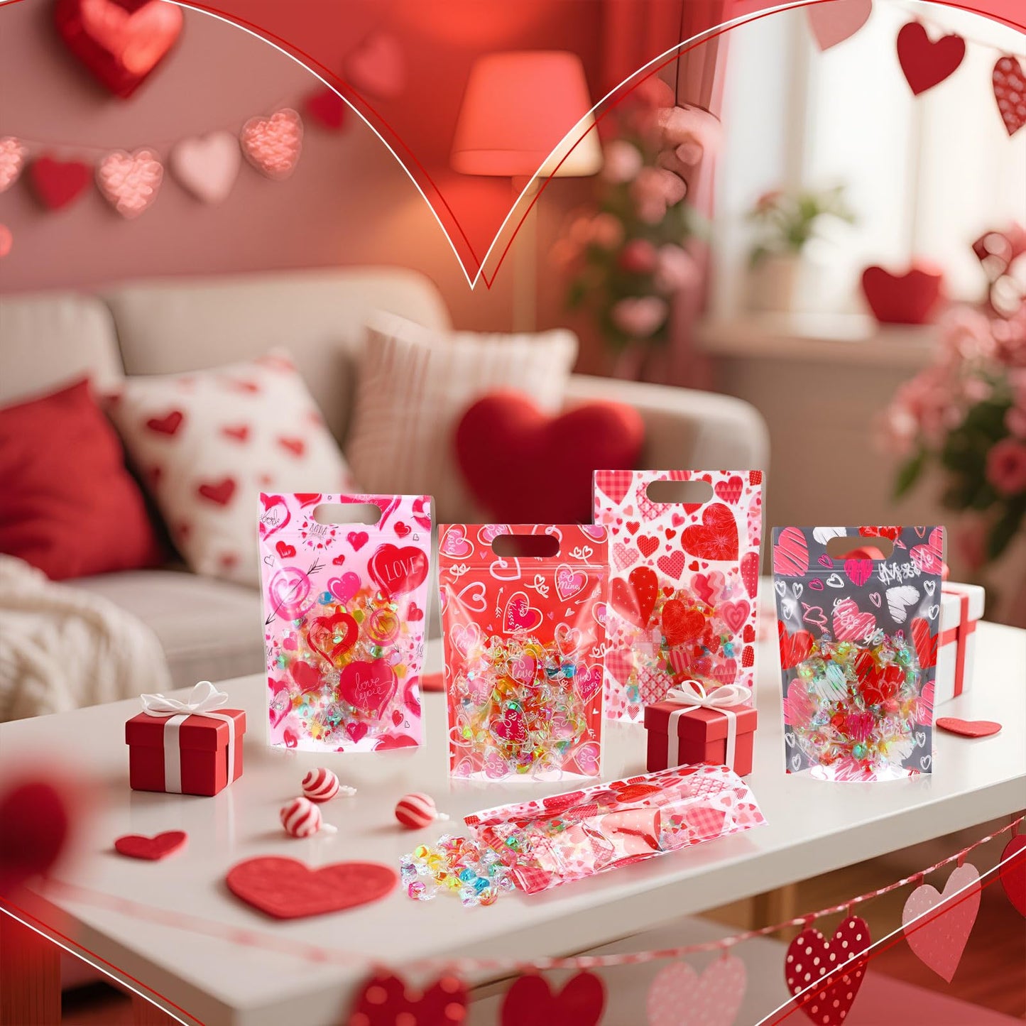 Pasimy 60 Pcs Valentine's Day Sealing Candy Bags with Zipper Love Heart Treat Goodie Bag Valentines Sealing Pouches with Handles Plastic for Valentines Party Favor Classroom Exchange Prizes Supplies
