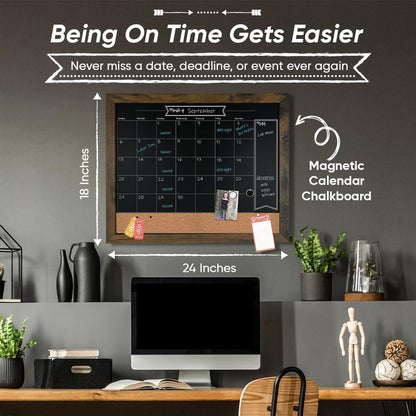 Loddie Doddie Chalkboard Calendar & Bulletin Combo - 18" x 24" Rustic Frame, with Chalk Markers, Push-Pins, Magnets, Blackboard - Kitchen Wall Calendar Organizer