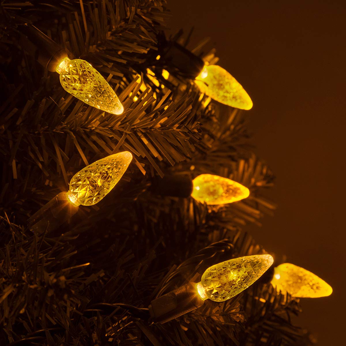 Wintergreen Lighting 24 ft 70 Count C6 Faceted Gold LED Christmas Lights, Green Wire Indoor/Outdoor Commercial Grade String for Holiday Decor