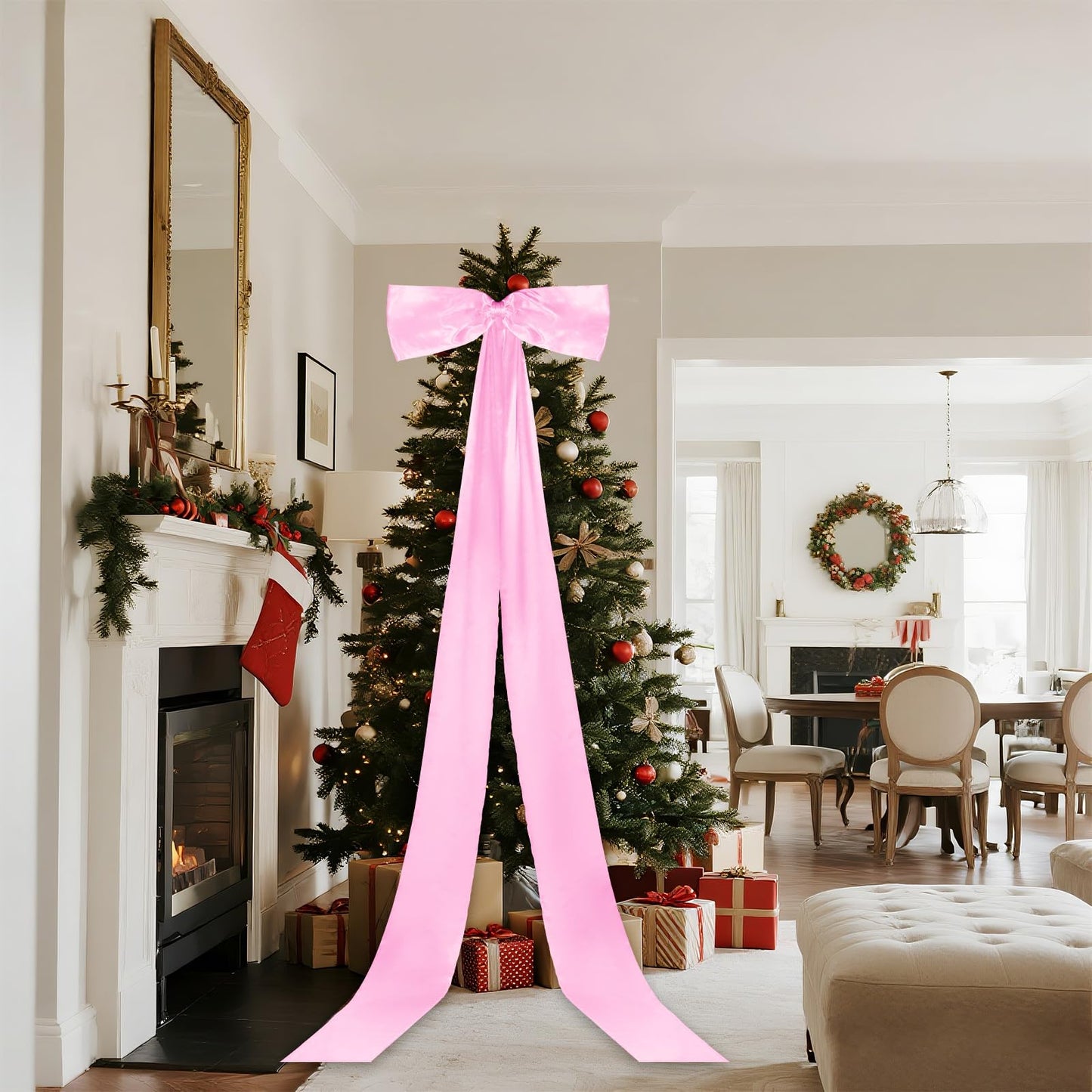 Giant Christmas Tree Bow Topper Big Bow for Christmas Tree Decorations 18X118In Tree Toppers Bows Big Pink Bows for Wedding Birthday Party Wall Backdrop(Pink)