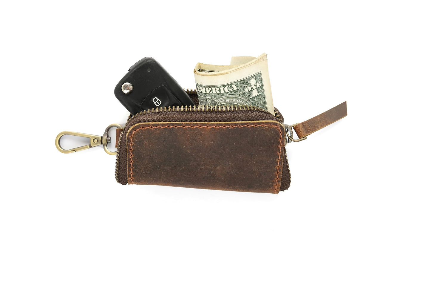 Handmade Full Grain Leather Car Key Holder & Zippered Coin Purse | Belt Loop Key Chain, Compact Earphone Holder, Multi-Functional Money Purse, Elegant Leather Accessory, Versatile Key Organizer