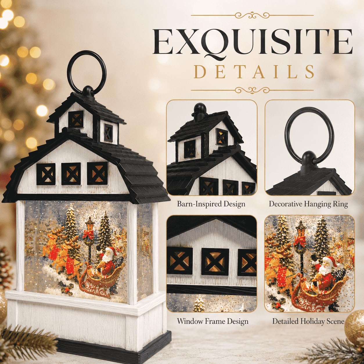 12.6" Christmas Snow Globe Lantern, White Barn Water Glittering Lantern with Santa Sleigh & Reindeer, Lighted Christmas Lantern with 6H Timer, Battery Operated Farmhouse Holiday Tabletop Decor Gift