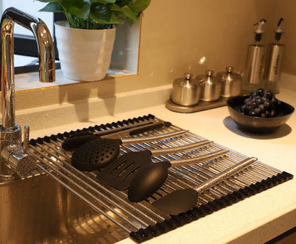 Ahyuan Roll up Dish Drying Rack Over The Sink Kitchen Roll up Sink Drying Rack Portable Dish Drainer Foldable Dish Drying Rack (Warm Gray, 17.8''X17'')