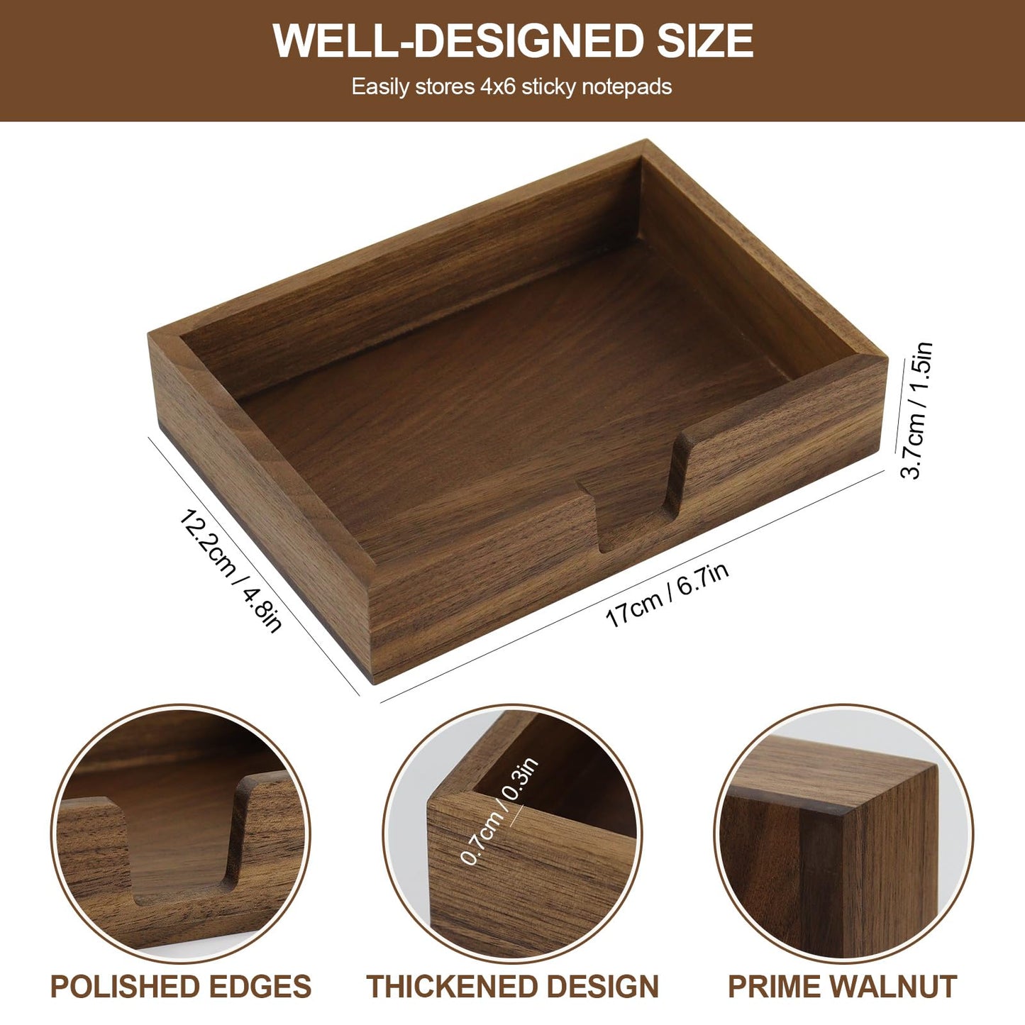 MultiBey Walnut Wood Sticky Note Holder, 4x6 Inch Self-Stick Note Pad Holder Dispenser, Sticky Note Dispenser Memo Holder Case for Office Desk Accessories School Supplies (Walnut)