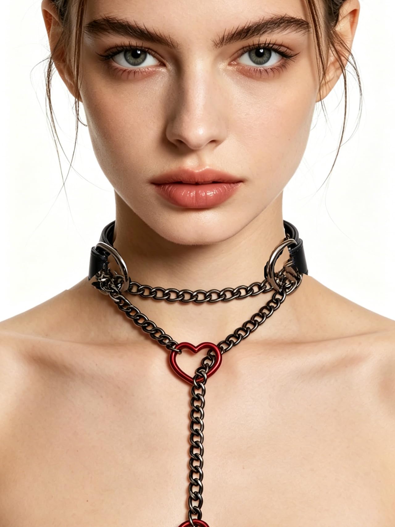 SIROLISA Handmade Black Heart Choker Collar for Women, Punk Gothic Vegan Leather Slip Chain Necklace with Adjustable Buckle, O-Ring Y-Necklace Jewelry for Goth Alternative Aesthetic Costumes