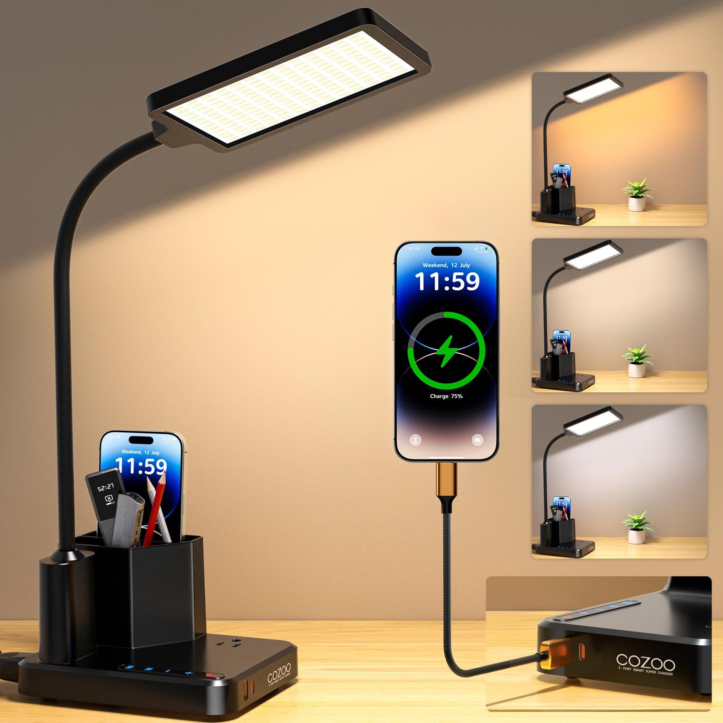 Desk Lamp, COZOO LED Desk Lamps for Home Office with USB Charging Port/Outlet/Organizer,Desk Lamp for College Dorm Eye-Caring Study Light,Gooseneck Table Lamp with Pen Holders/Storage,9 Lighting Modes