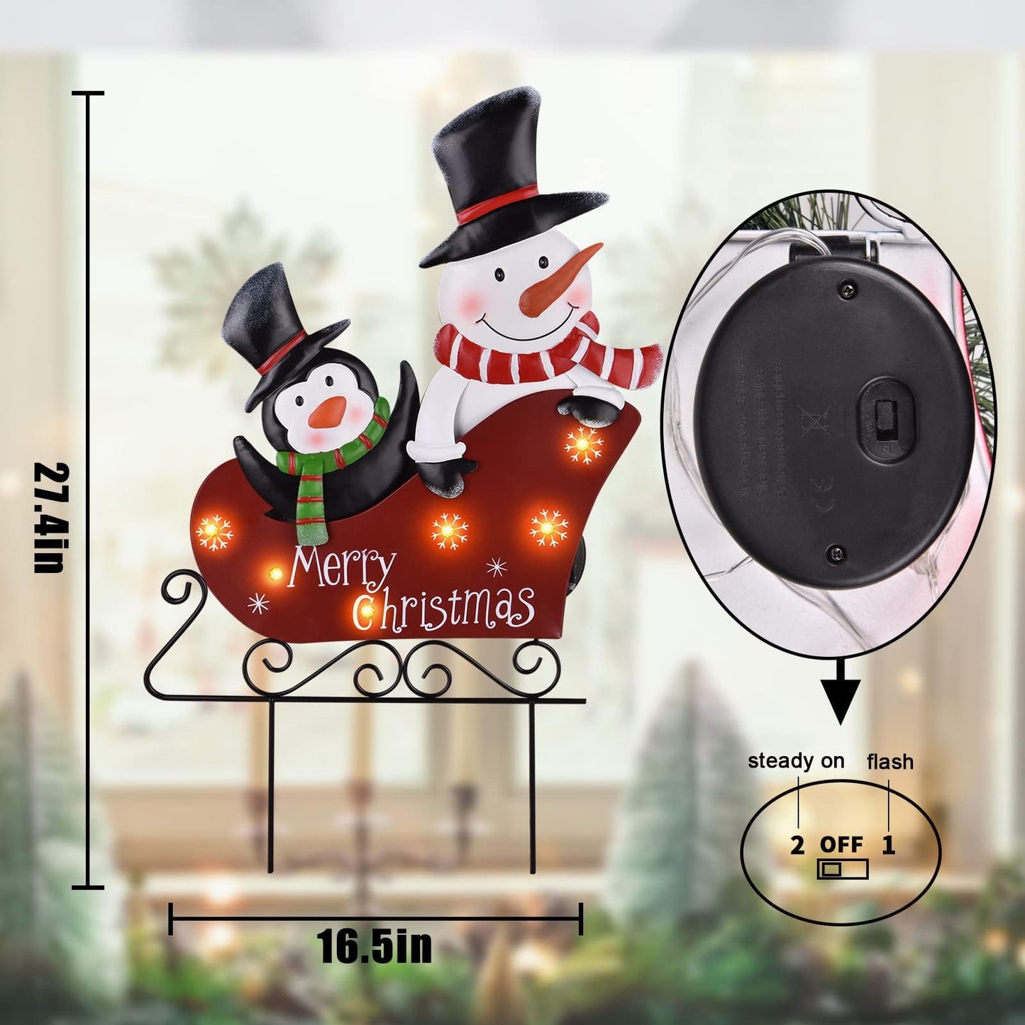 LIGHTSHINE Solar Metal Christmas Stakes Decor, Outdoor Christmas Decorations with Led Lights(2 Modes) for Porch, Lawn and Garden (Snowman and Penguin)