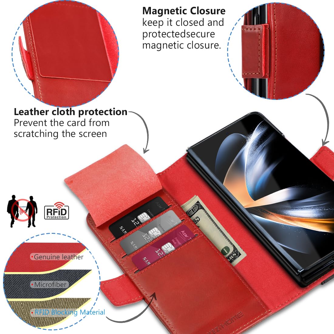 KEZiHOME Case for Samsung Galaxy Z Fold 5, Genuine Leather Wallet Case [RFID Blocking] with Card Holder Stand Shockproof Protective Phone Flip Cover Compatible with Galaxy Z Fold 5(Red/Brown)