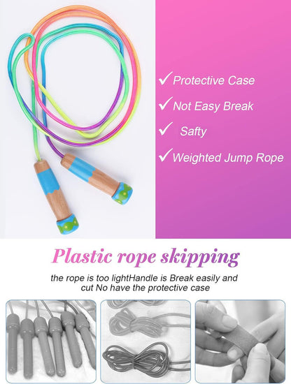 2 Pcs Jump Rope for Kids Adjustable, Lorvain Rainbow Skipping Rope, Kids Jump Ropes with Wooden Handle for Girls Boys, Weighted Jumping Ropes for Fitness Workout Exercise Outdoor Fun Activity