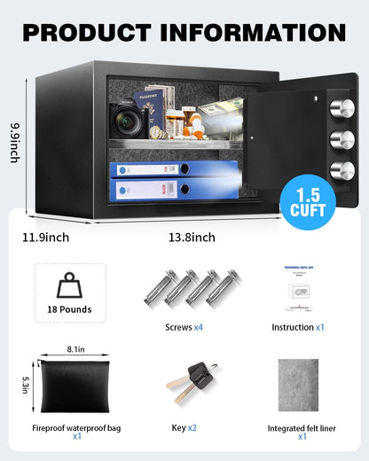 RETLLAS 1.5 Cu Ft Home Document Safe Box–Steel Electronic Digital Lock Box with External Battery Compartment & Backup Key, Letter-Size Fit, LED Light, Fusion-Bonded Needle-Felt Lining & Fireproof Bag