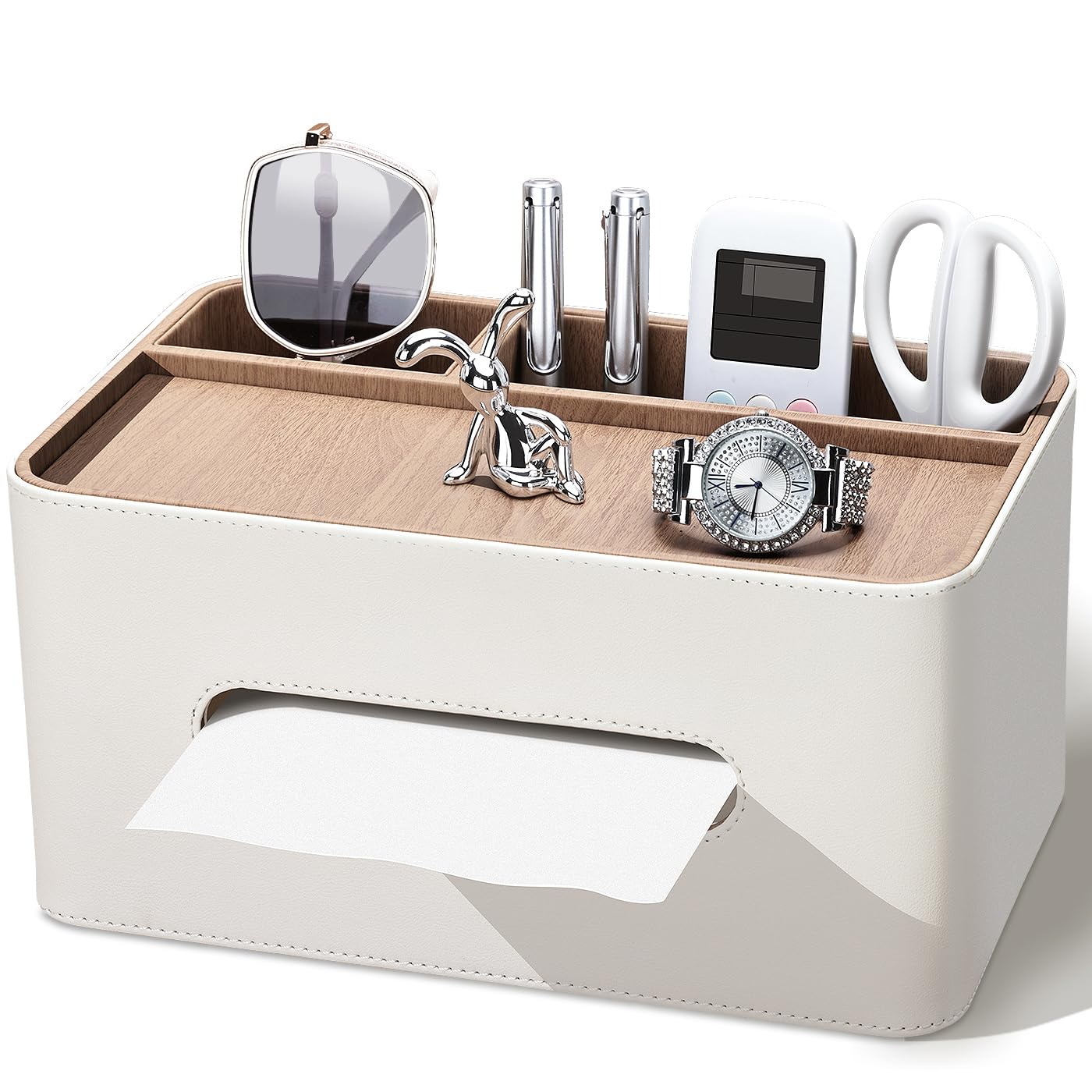 PU Leather Tissue Box Cover Rectangular with Storage Organizer, Multifunctional Remote Control Holder, Desk Organizer for Living Room, Bedroom, Office, Decorative Tissue Holder with Compartments Beige