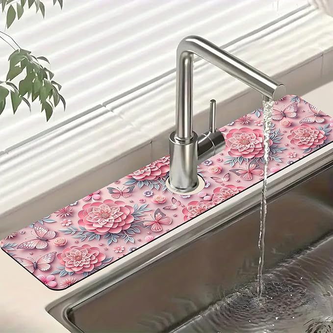 Pink Floral Sink Splash Guard Faucet Mat Flower Butterfly Super Absorbent Fast