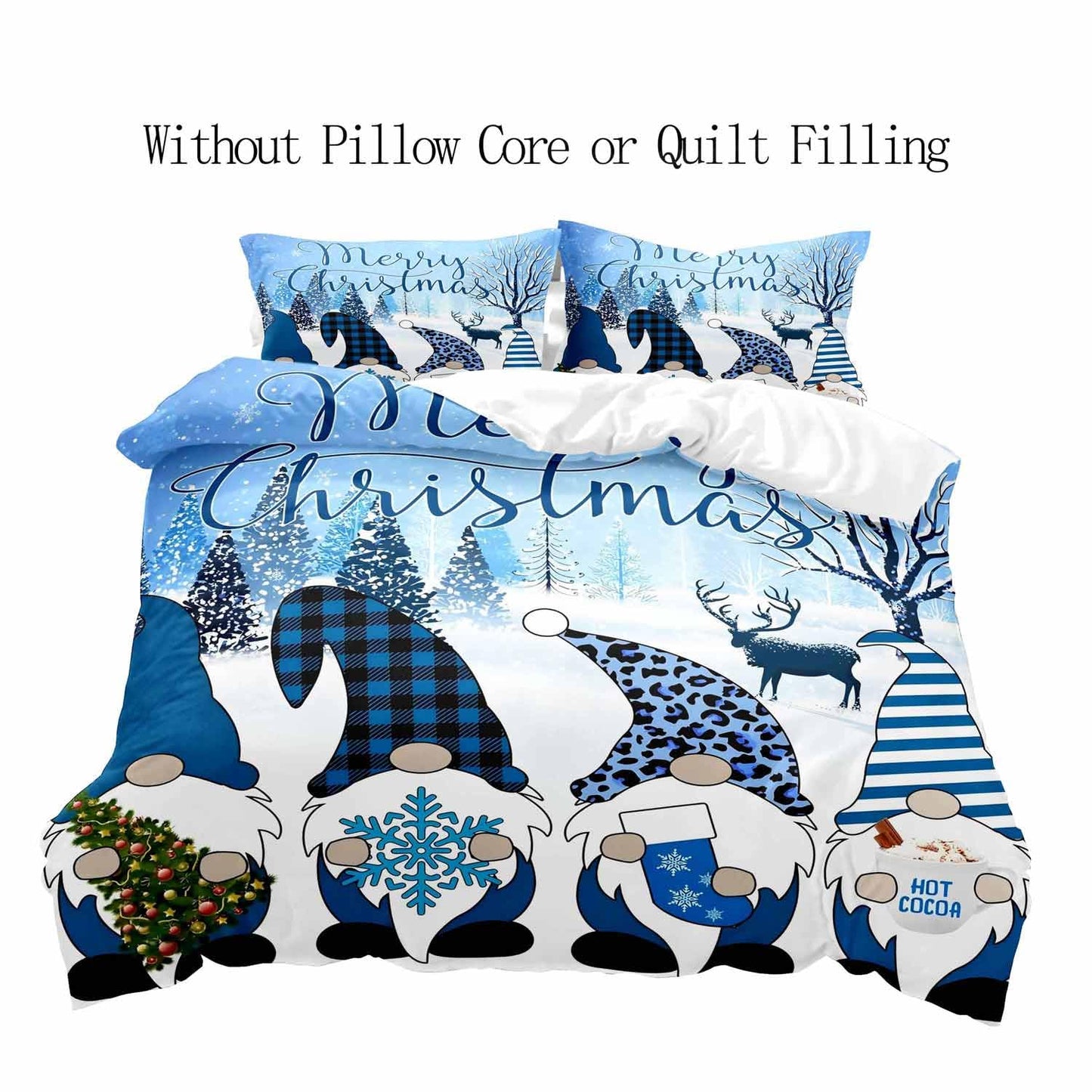 LUVIVIHOME 3PCS Christmas Gnome Duvet Cover Queen, Christmas Bedding Holiday Christmas Tree Snowflake Reindeer Tomte Elf Plaid Striped Leopard Print Blue Comforter Bedspread Quilt Cover 2 Pillow Cases