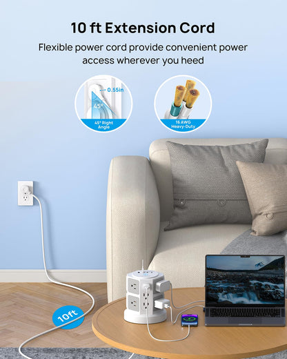 TROND Tower Surge Protector Power Strip with 14 Widely Spaced Outlets, 4 USB Ports(2 USB C), 2100J Surge Protection, 6 Feet Extension Cord with Multiple Outlets, Office Desk Supplies, Dorm Essentials