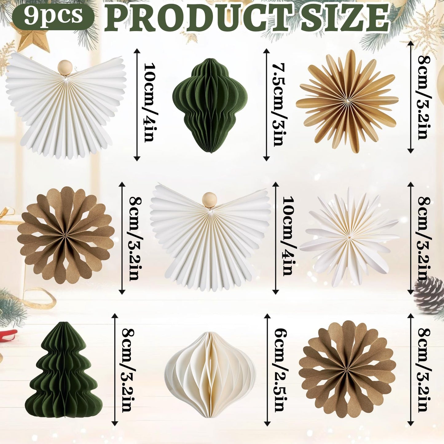 OBBOLO 9 Pcs Mini Paper Christmas Hanging Ornaments, Handcrafted with Carstock, White, Sage Green and Brown Decorative Paper Christmas Tree Ornament, for Xmas Holiday Party Home Tree Decor