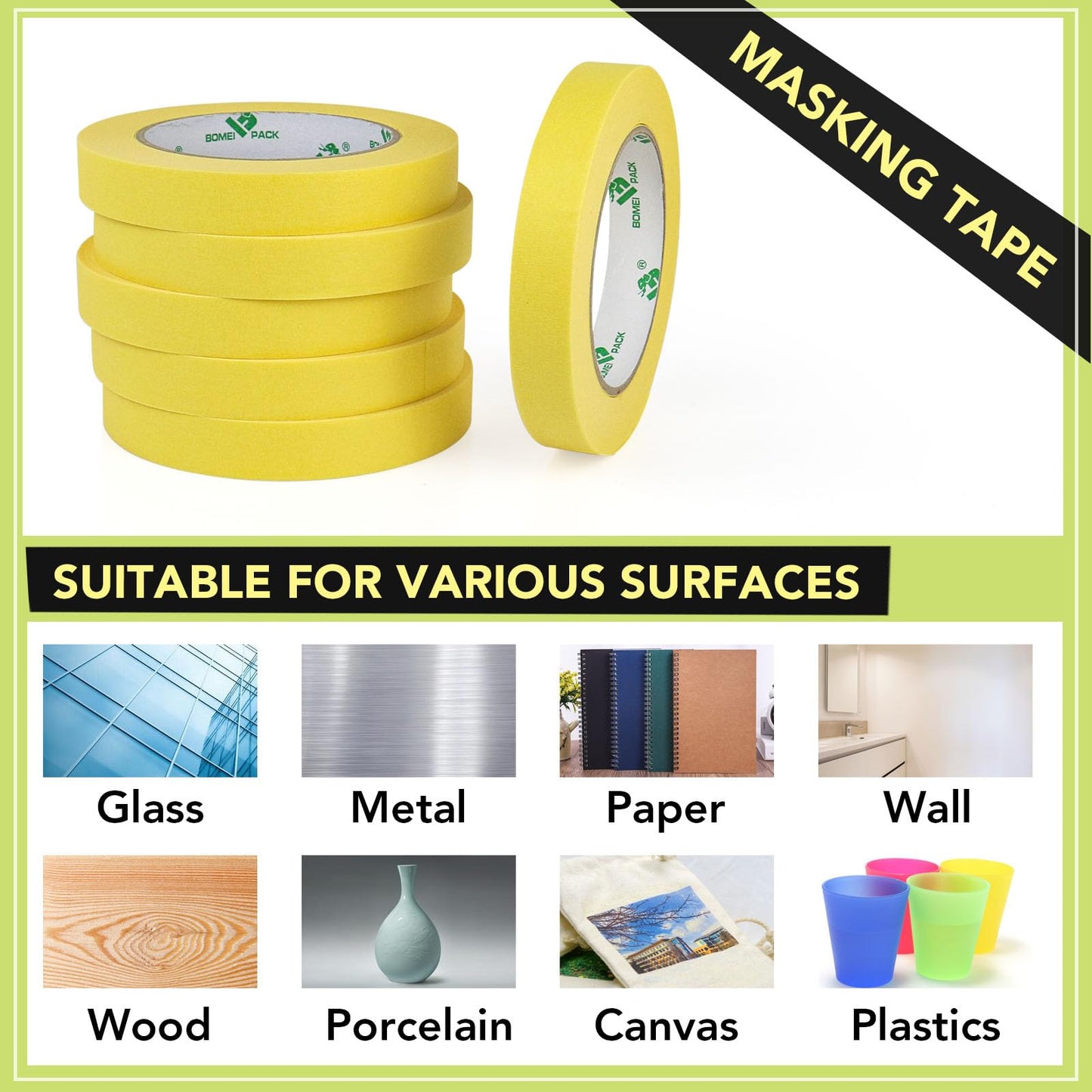 BOMEI PACK 10Rolls Yellow Painters Tape, General Purpose Yellow Masking Tape 0.75inch x 55yds, for Painting,Labeling,DIY Crafting,Decoration and School Projects, Total 550yds
