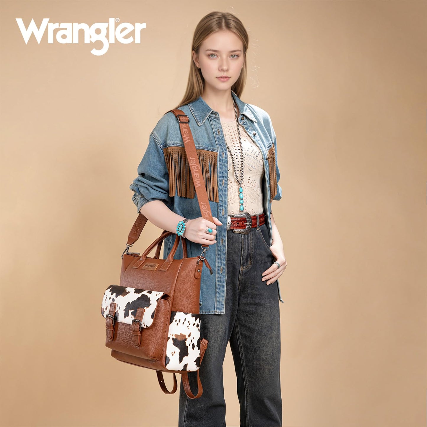 Montana West Wrangler Womens Convertible Backpack Purse Cow Printed Backpack with Adjustable Crossbody Shoulder Strap for Work Travel WG175-9110COW-BR