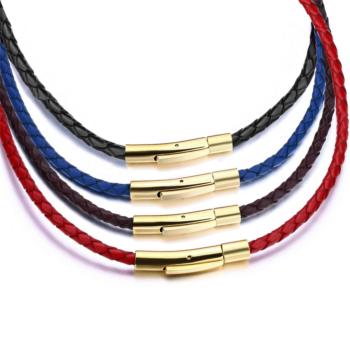 ELFASIO 3mm Braided Leather Chain Cord Necklace for Men/Women, Black/Brown/Red/Blue Rope Chain for pendant, Gold Stainless Steel Secure Clasp 22inches