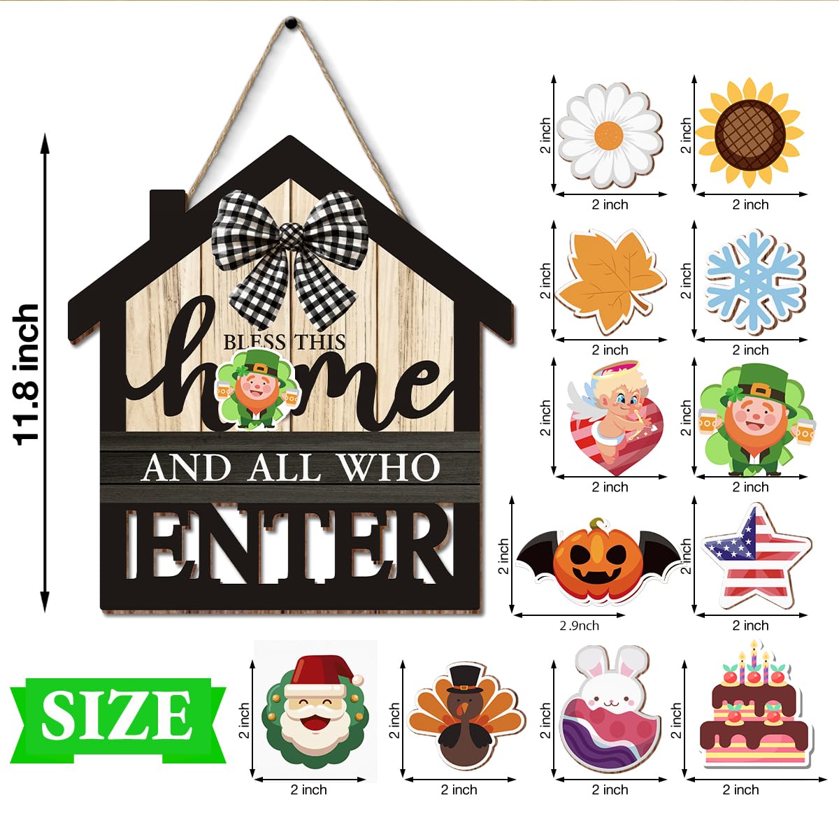 Interchangeable Seasonal Bless This Home Hanging Sign - Farmhouse Front Door Decoration for Spring All Seasons Holidays - Rustic House Shape Wood Sign with 12 Icons